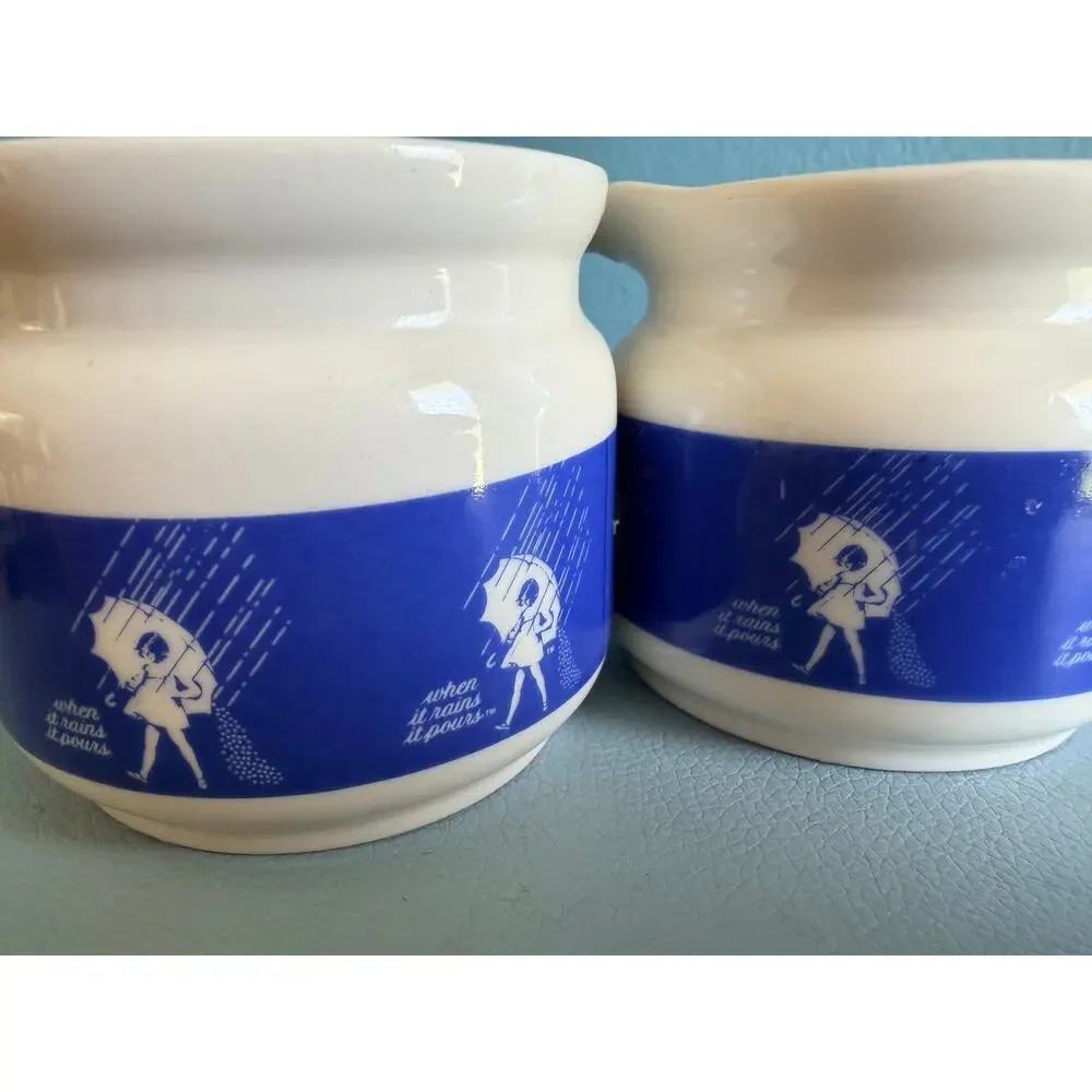 Vintage Morton Salt When It Rains It Pours Creamer Sugar Set Umbrella Girl